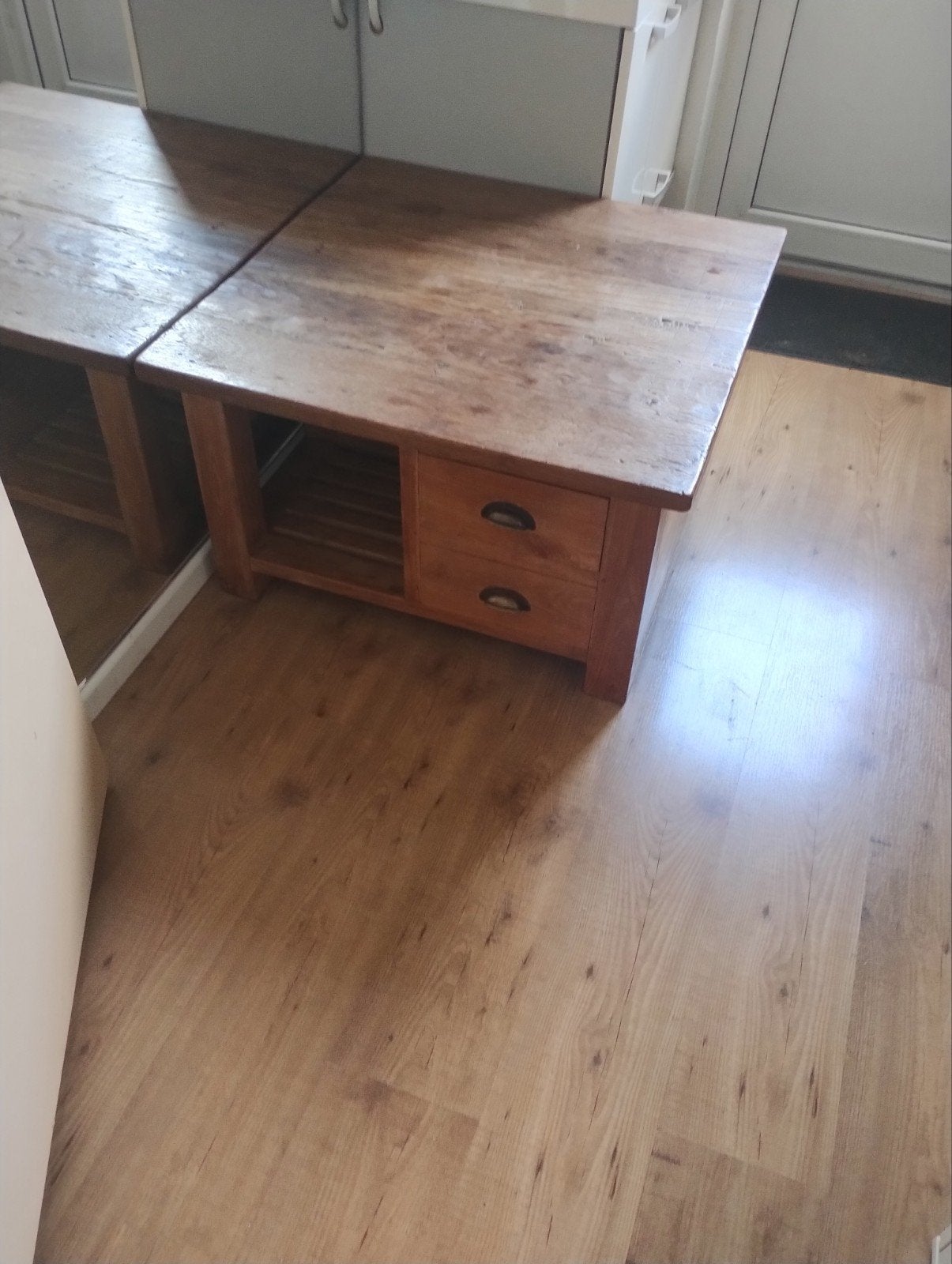 Vierkante teakhouten salontafel met 4 lades, Ophalen, Gebruikt, 50 tot 100 cm, 50 tot 100 cm