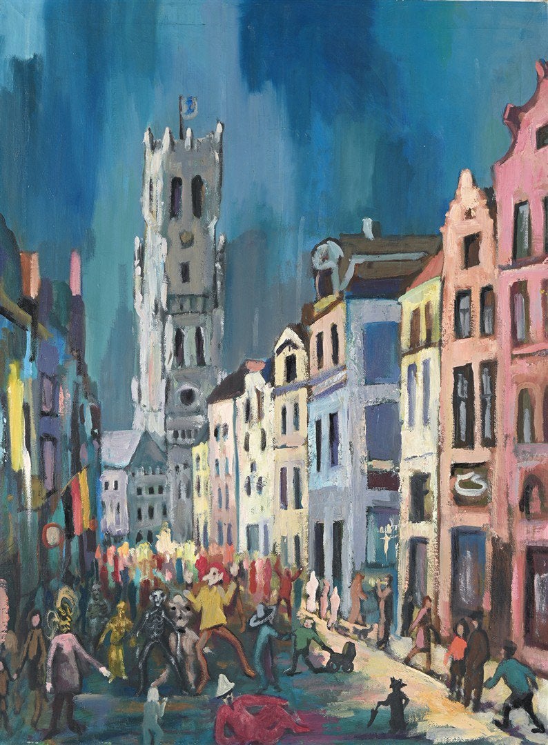 Olieverf op doek Carnaval Brugge naar James Ensor, Antiek en Kunst, Ophangklaar, Ophalen of Verzenden, Olieverf, Stadsgezicht
