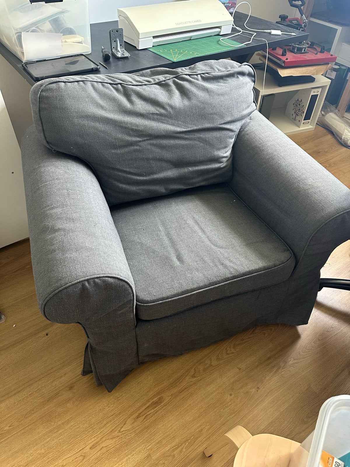 Comfortabele grijze fauteuil, Ophalen, Gebruikt, Stof, 75 tot 100 cm