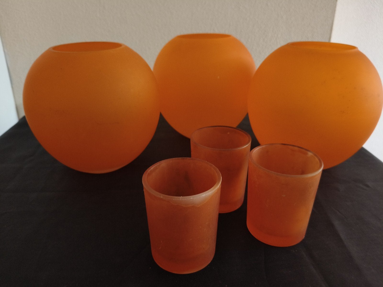 Oranje glazen vazen en theelichthouders set, Ophalen of Verzenden, Gebruikt, Oranje, Glas
