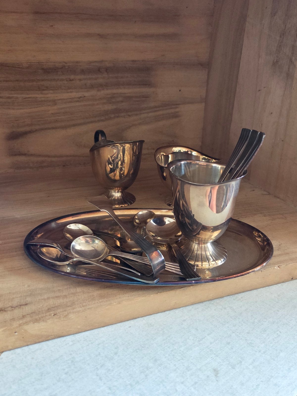 Vintage Douwe Egberts verzilverd bestek en suiker/melk set, Ophalen of Verzenden