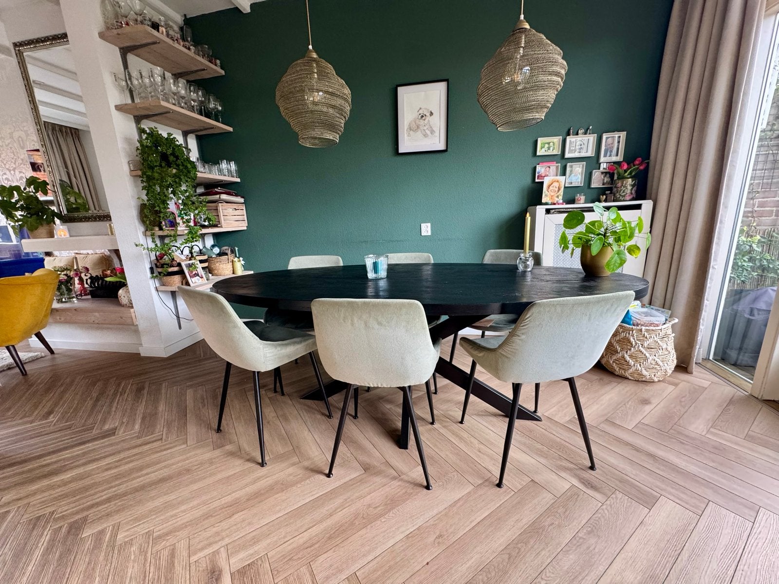 6 Groene eetkamerstoelen mooie velvet stof, Huis en Inrichting, Ophalen, Overige kleuren, Zo goed als nieuw, Stof