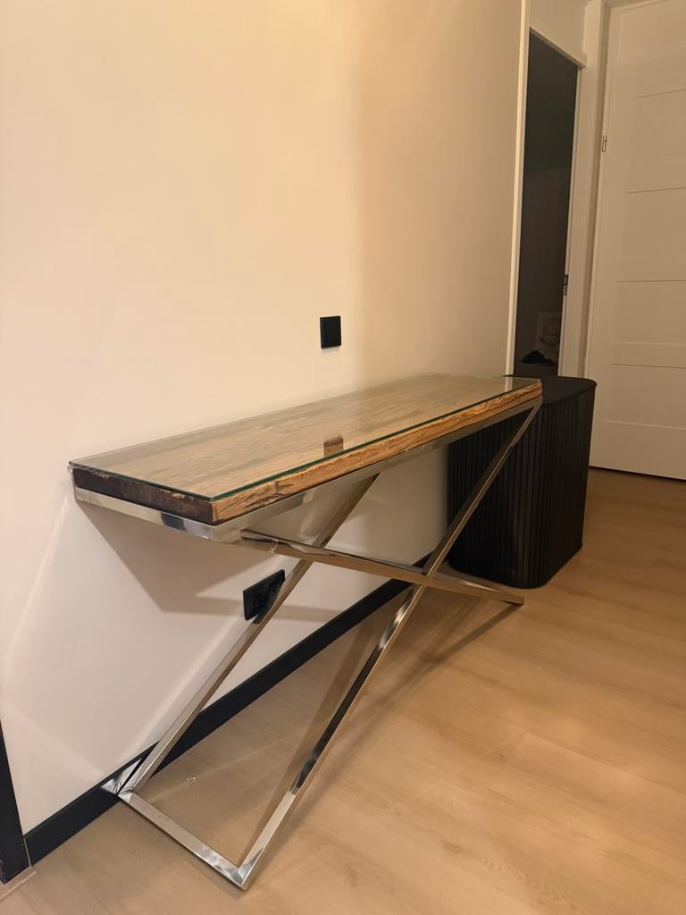 Richmond stijl houten bijzettafel met luxe glasplaat, Ophalen, 100 tot 150 cm, Zo goed als nieuw, Overige houtsoorten