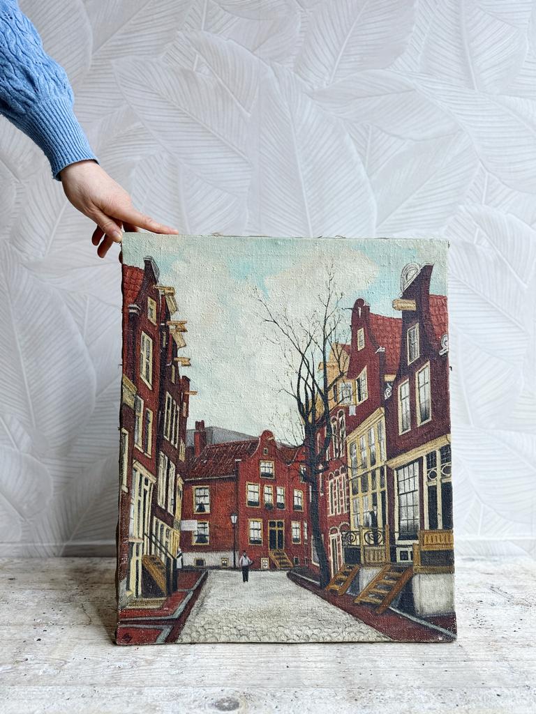 Vintage schilderij van de driehoekstraat in Amsterdam, -, -, Ophalen of Verzenden, Zo goed als nieuw