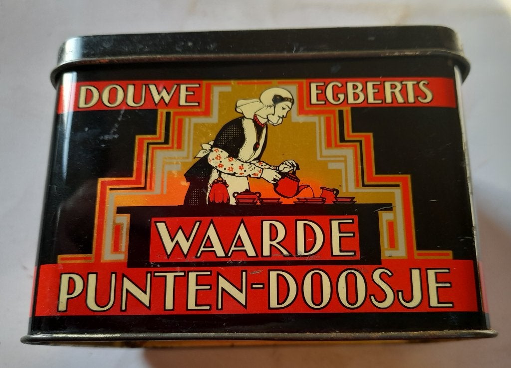 Blikje - D.E. waardepunten doosje, Ophalen of Verzenden, Gebruikt, Reclamebord