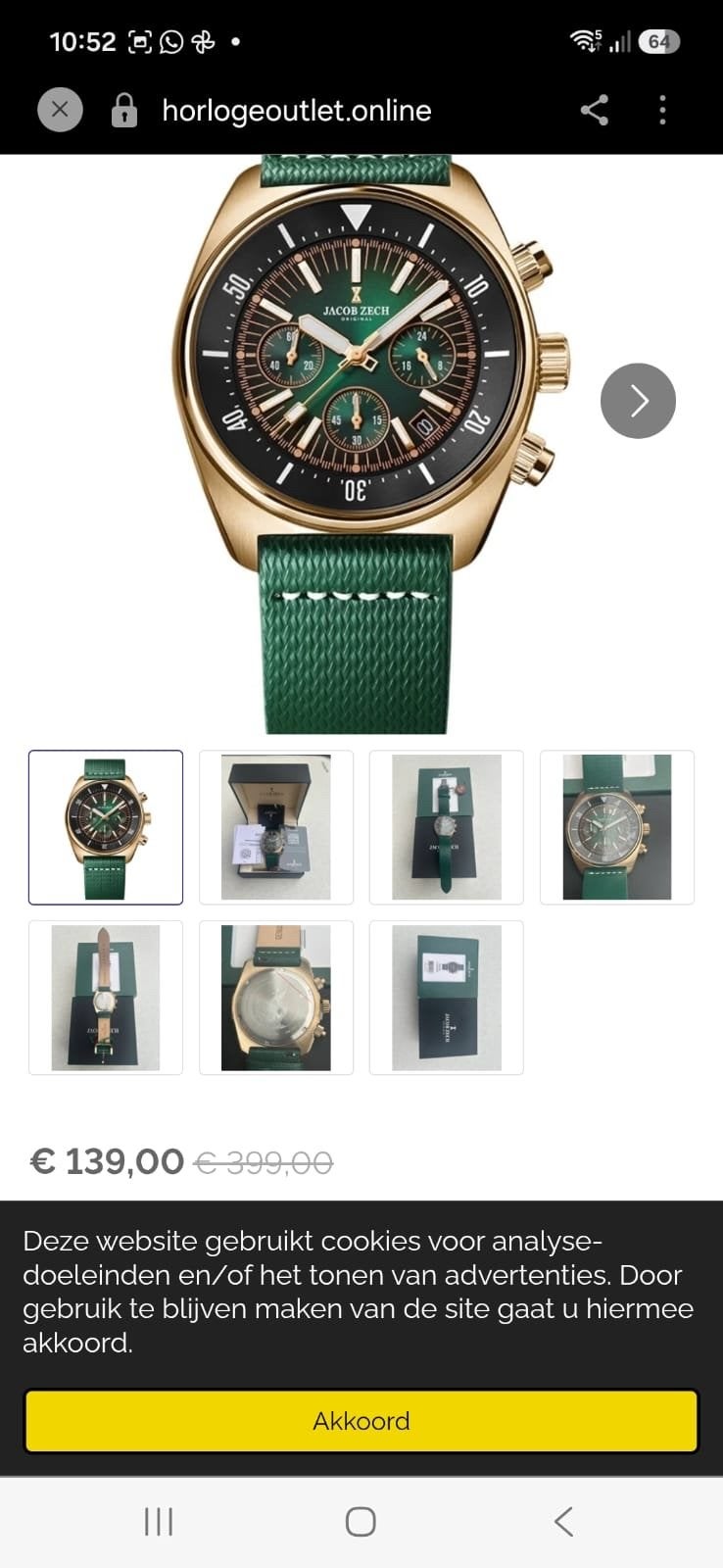 Jacob Zech Origineel Horloge Goud Groen, Overige merken, Polshorloge, Overige materialen, Nieuw