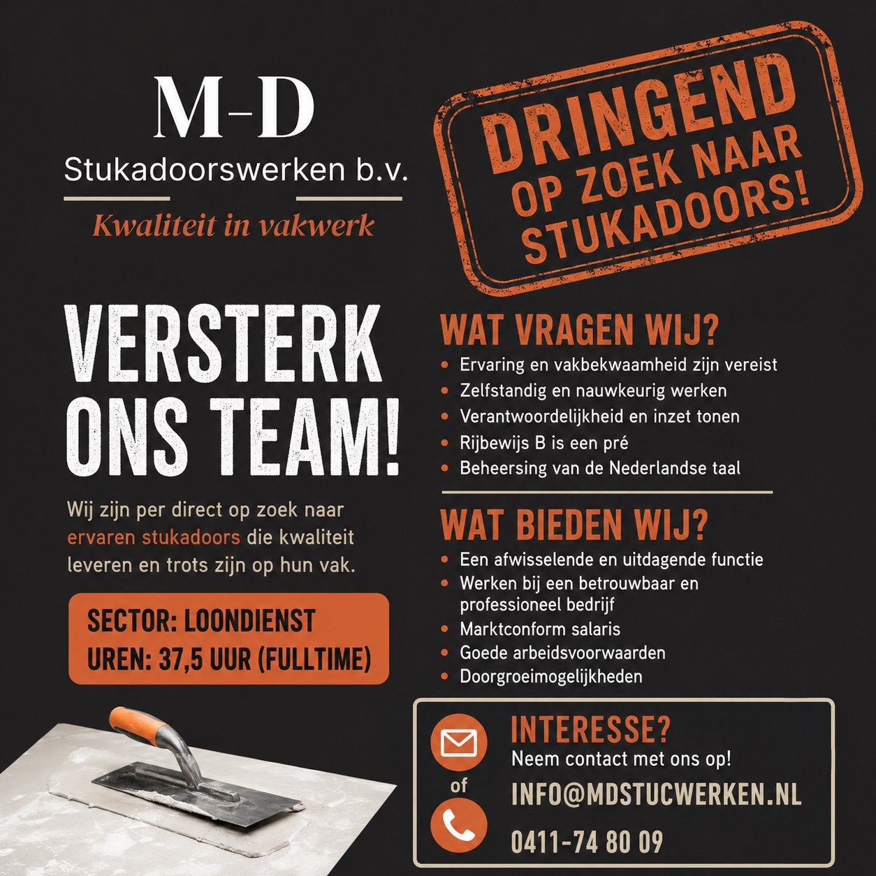 ERVAREN STUKADOOR GEZOCHT (LOONDIENST OF ZZP), Spachtelputz