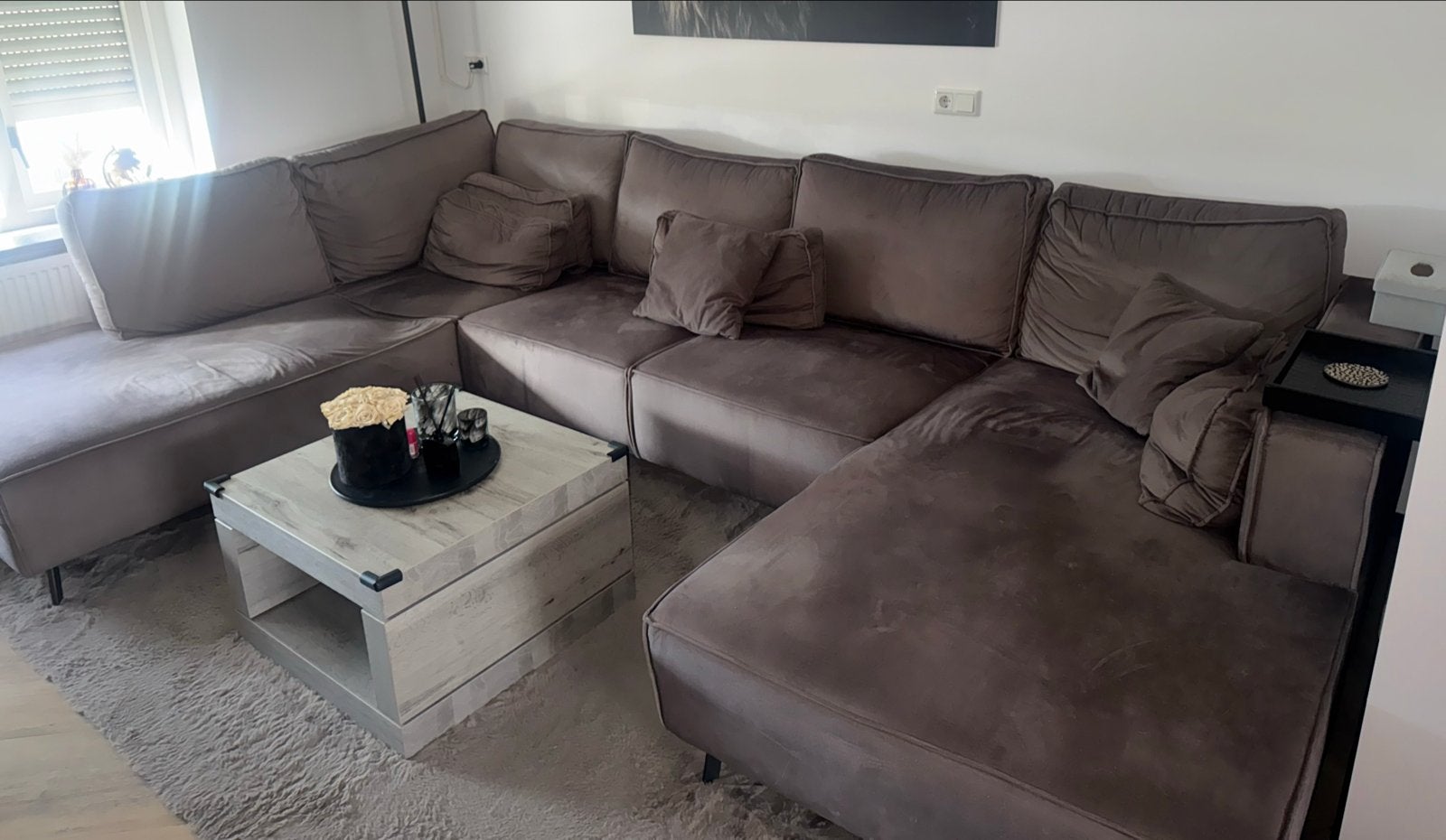 Grote hoekbank in taupe stof, Huis en Inrichting, Ophalen, Gebruikt, 100 tot 125 cm, Hoekbank