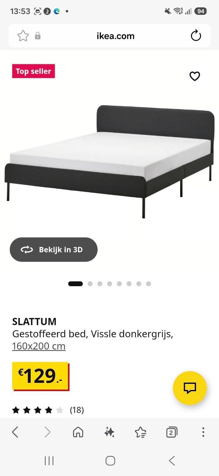 IKEA SLATTUM gestoffeerd bed 160x200 cm, Ophalen, Tweepersoons, Zo goed als nieuw, 200 cm