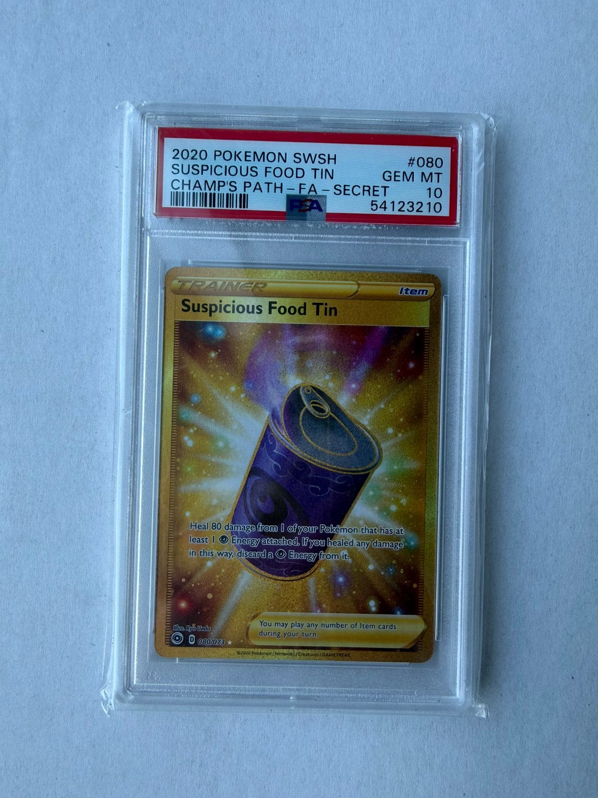 Pokémon Suspicious Food Tin 080/073 Secret PSA 10 Champion’s, Ophalen of Verzenden, Zo goed als nieuw