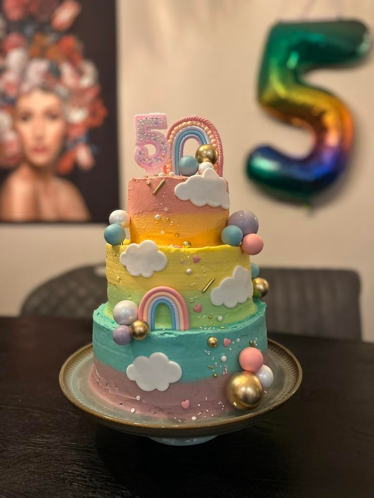 Decoratie voor taart, regenboog unicorn en ballonnen, Ophalen of Verzenden, Nieuw, Taarten, Versiering