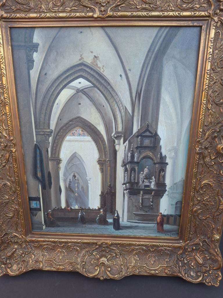 Cor van der Swalm kerkinterieur, Antiek en Kunst, Kunst | Schilderijen | Klassiek, Ophalen of Verzenden