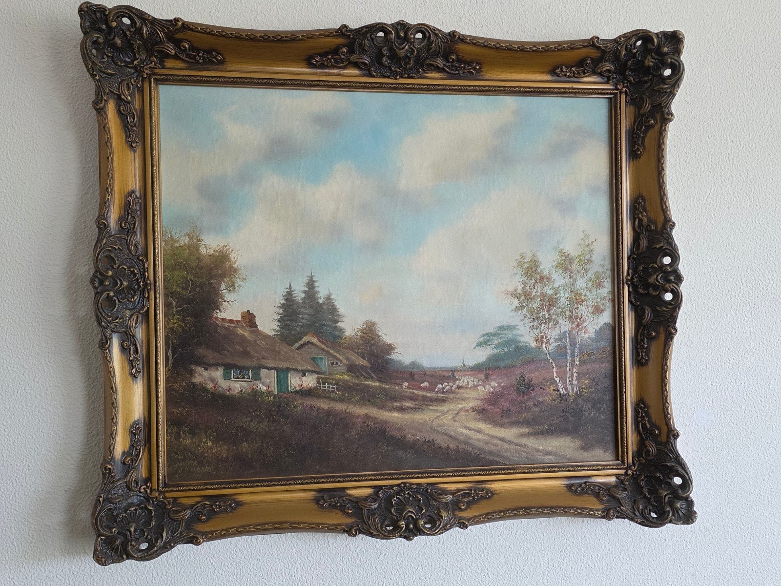 Schilderij met landschap en boerderij in sierlijke lijst, Antiek en Kunst, Ophalen
