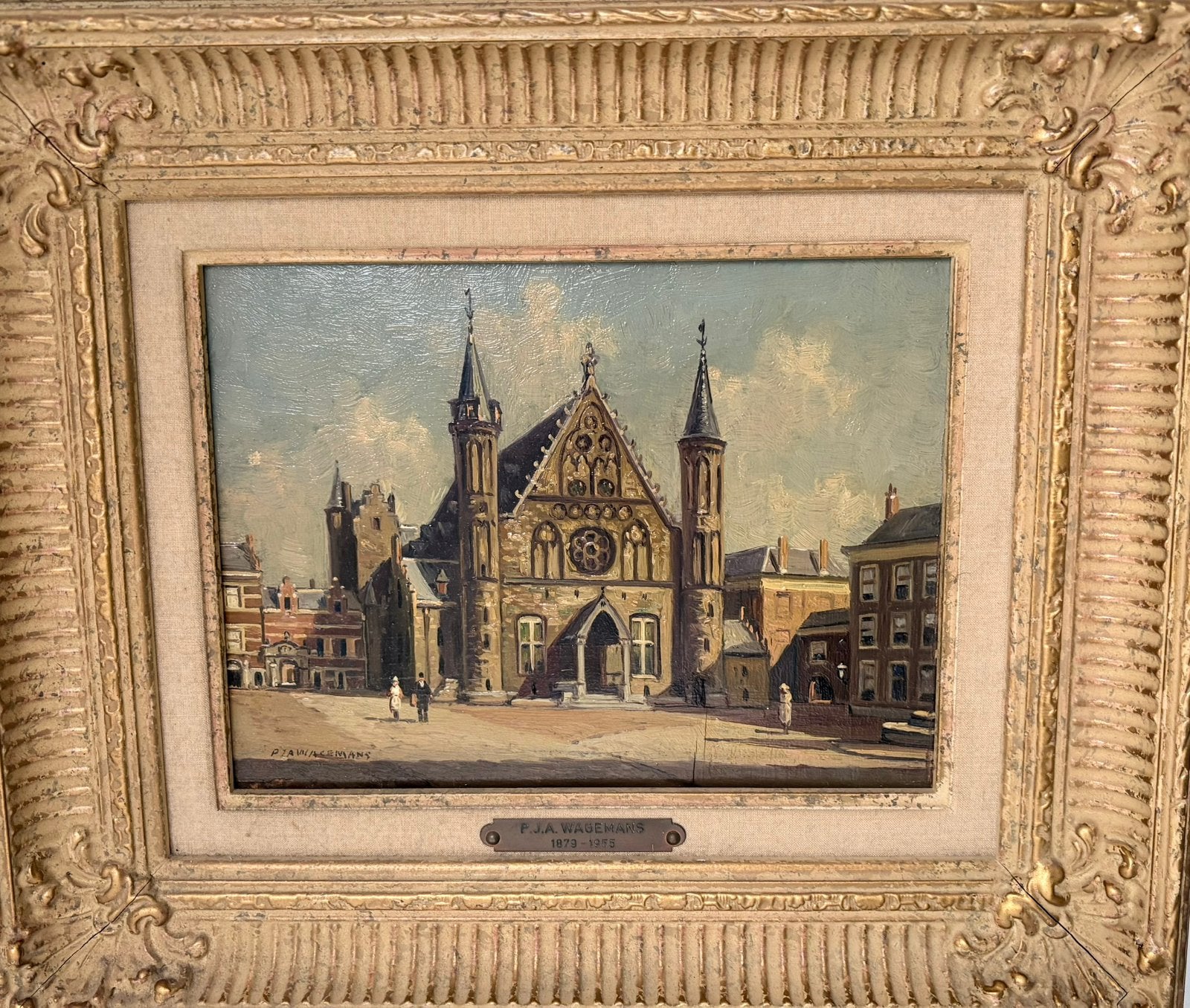 P.J.A. Wagemans –  schilderij Binnenhof ridderzaal, Ophalen, Paneel, Realistisch, Gesigneerd
