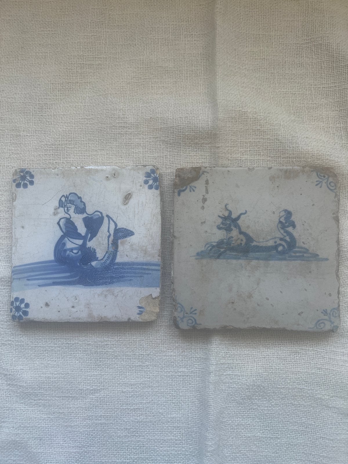 Antieke Hollandse Delfts Blauwe Tegels (2 stuks), Ophalen