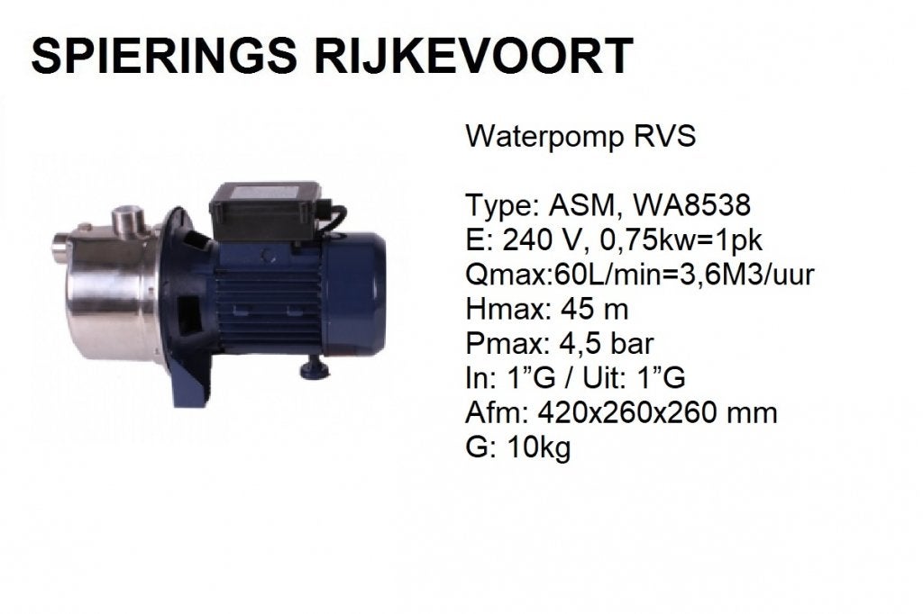 Waterpomp 0,75kw / 1pk 240V 60 m3/min 3,6M3/uur 4,5 bar  rvs, Niet ingevuld, Niet ingevuld, Nieuw, Ophalen of Verzenden