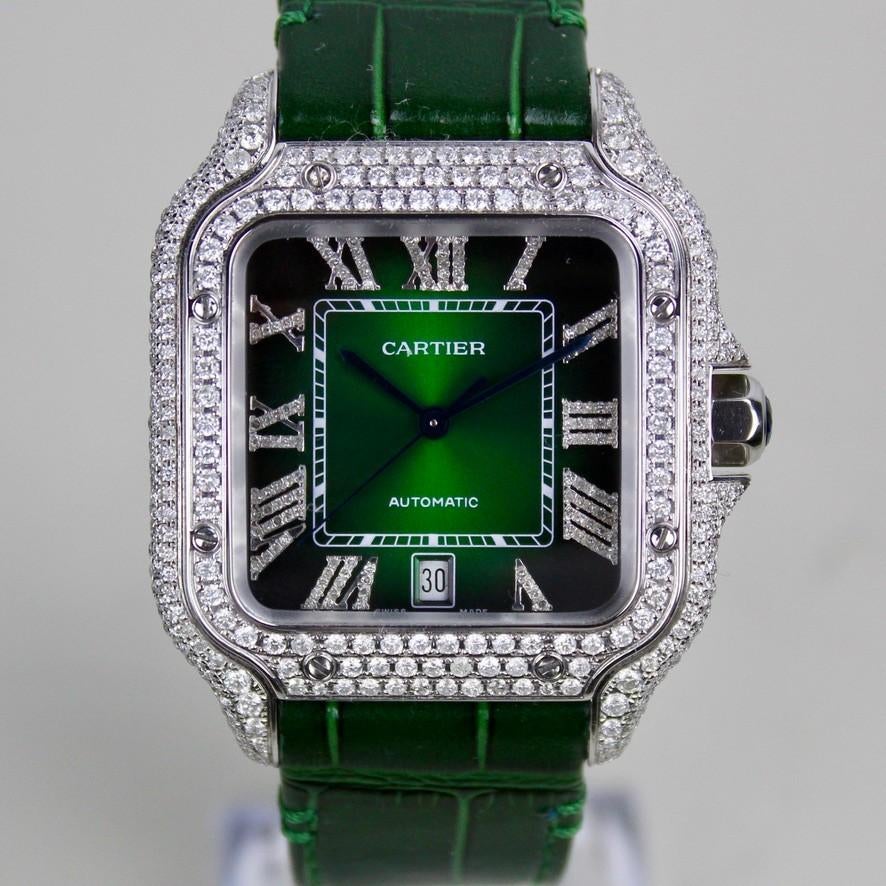 Cartier Santos Large Iced Out - 4072, Overige merken, Cartier, Leer, Staal
