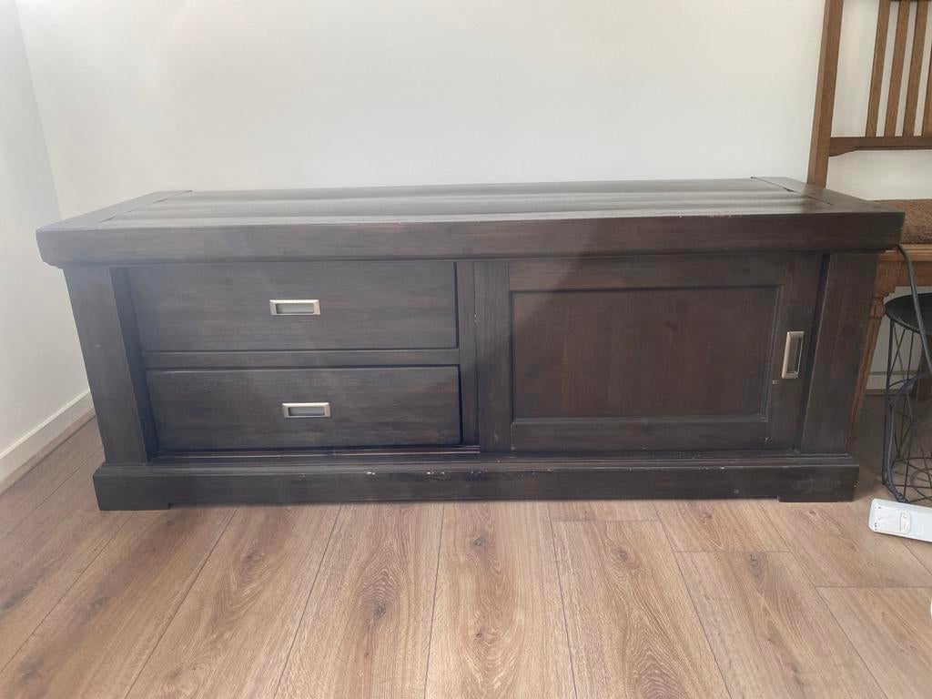 Donkerbruin dressoir met lades en deur - lichte schade, Ophalen, Gebruikt, 100 tot 150 cm, Met lade(s)