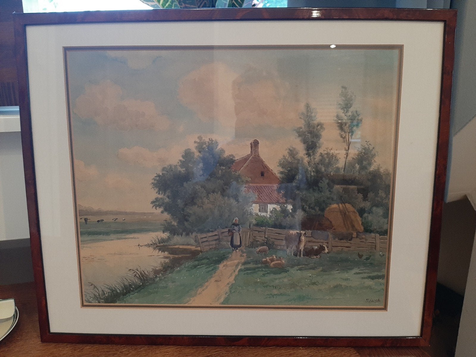 Aquarel van Jan Elias Kikkert 1843-1925, Landschap, Papier, Achter glas, Ophalen of Verzenden