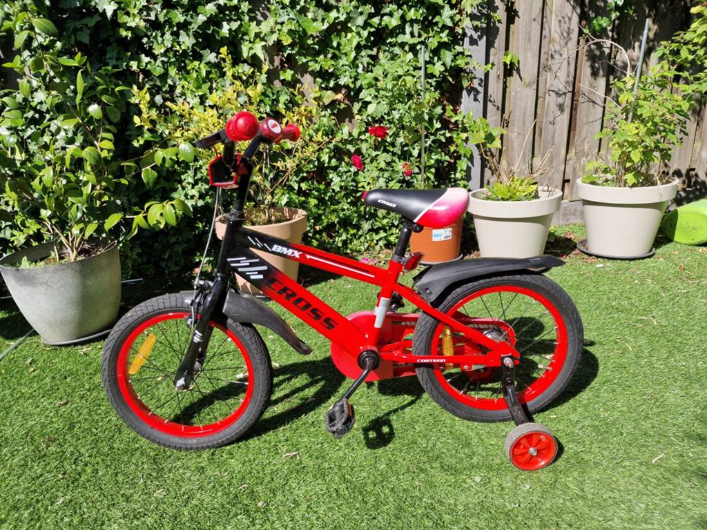 Kinder Cortego BMX Fiets (16 inch) met Zijwieltjes, Staal, Velgrem, Voetsteunen, Ophalen