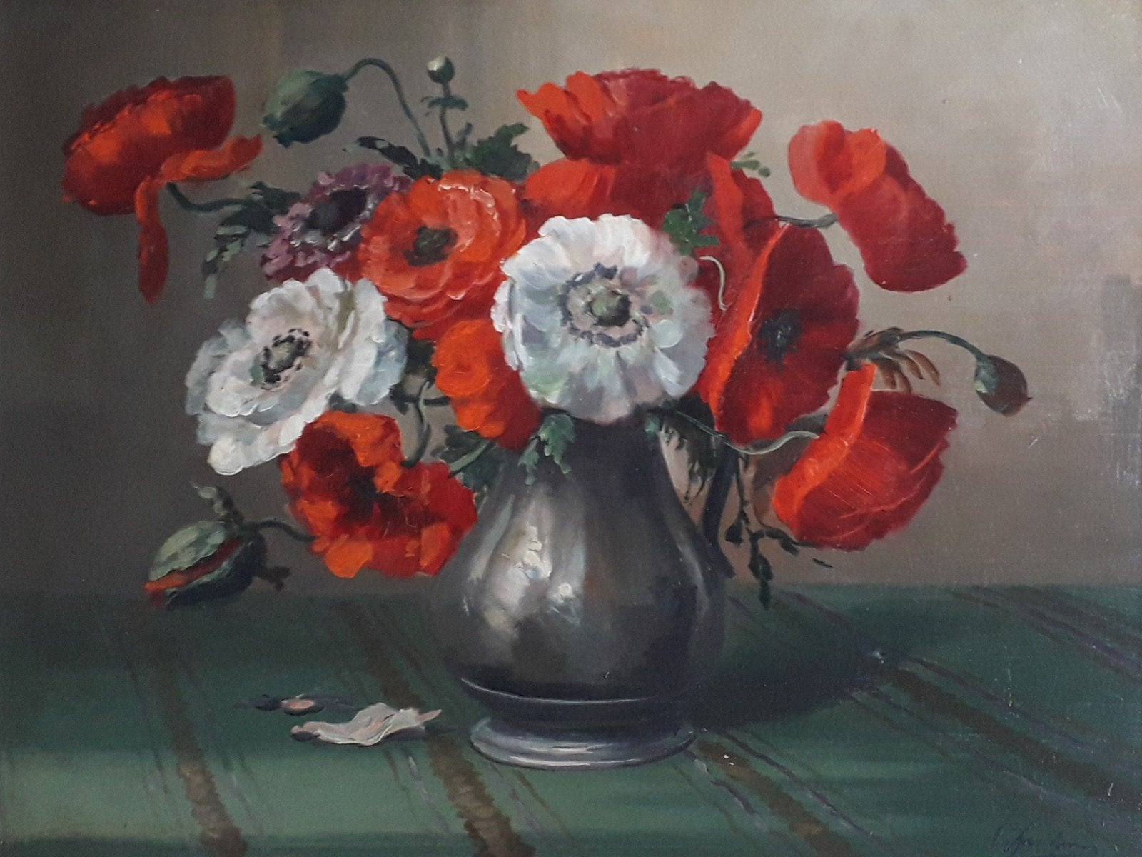 MOOI STILLEVEN GROTE KAN MET KLEURRIJKE BLOEMEN 🌺 OUD 1950, Antiek en Kunst, Kunst | Schilderijen | Klassiek, Bloemen, Paneel