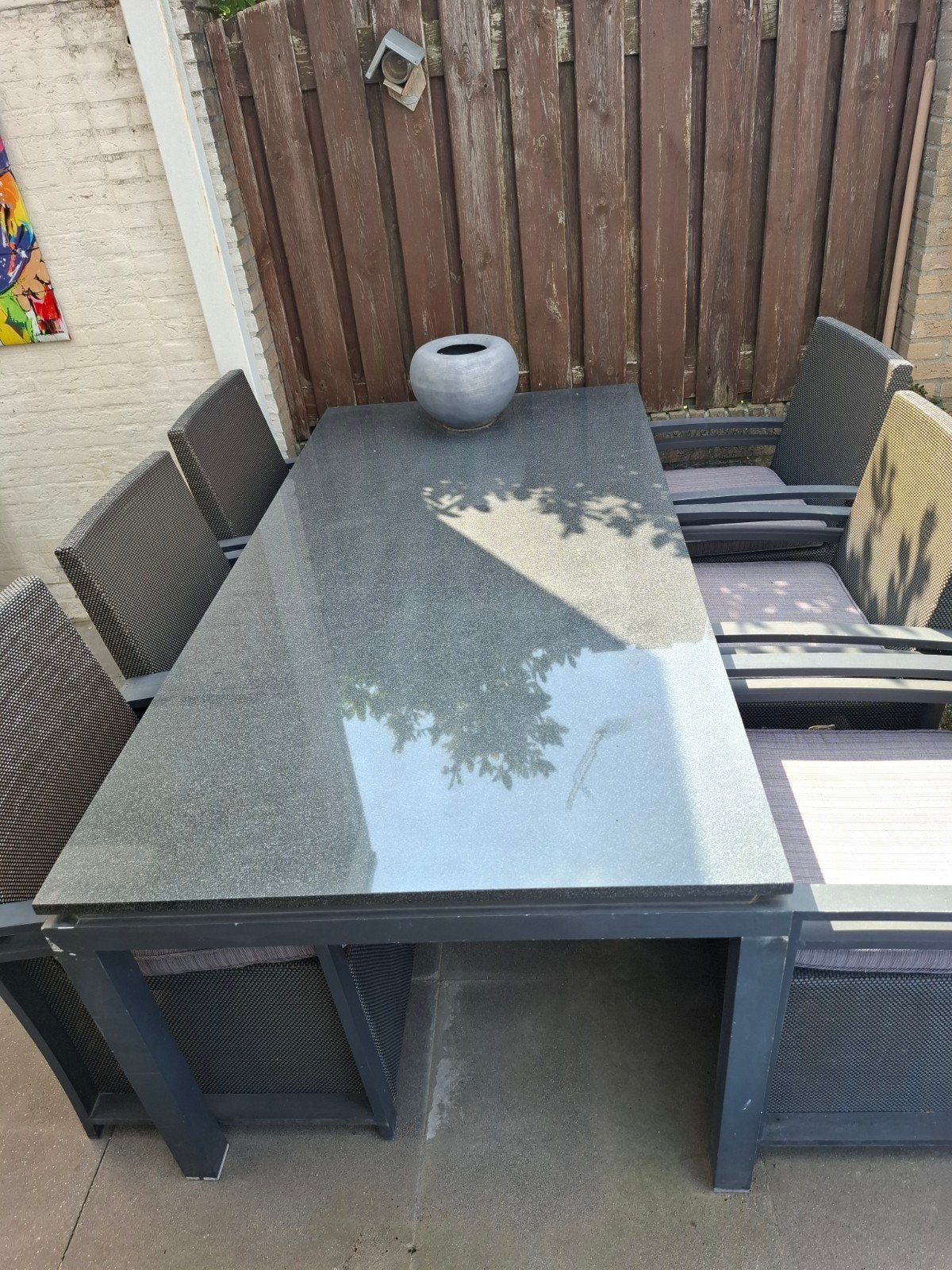 Tuinset met natuurstenen blad en 6 stoelen met kussens, Ophalen