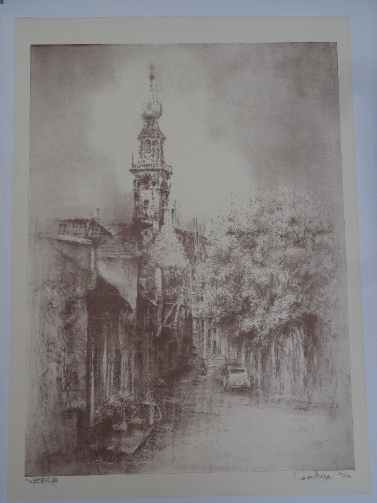 Litho Veere in verval, stadhuis van Veere Co de Voogd 1980, Origineel, Ophalen of Verzenden, Overige onderwerpen, Lithografie