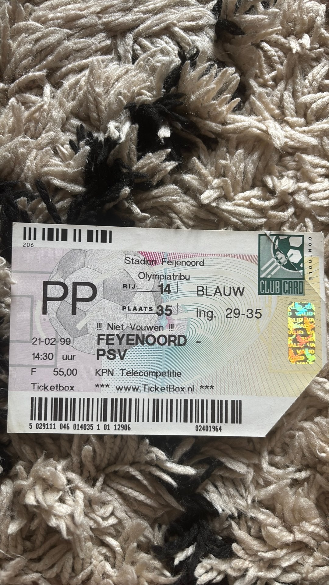 Oud stadionticket feyenoord psv 1999, Verzamelen, Ophalen of Verzenden, Zo goed als nieuw, Feyenoord, Overige typen