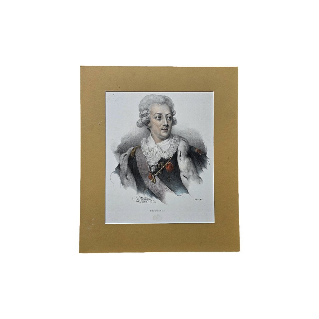 Antieke litho Gustave III van H. Grevedon, Met passe-partout, Ophalen of Verzenden, Portret en Figuren, Lithografie