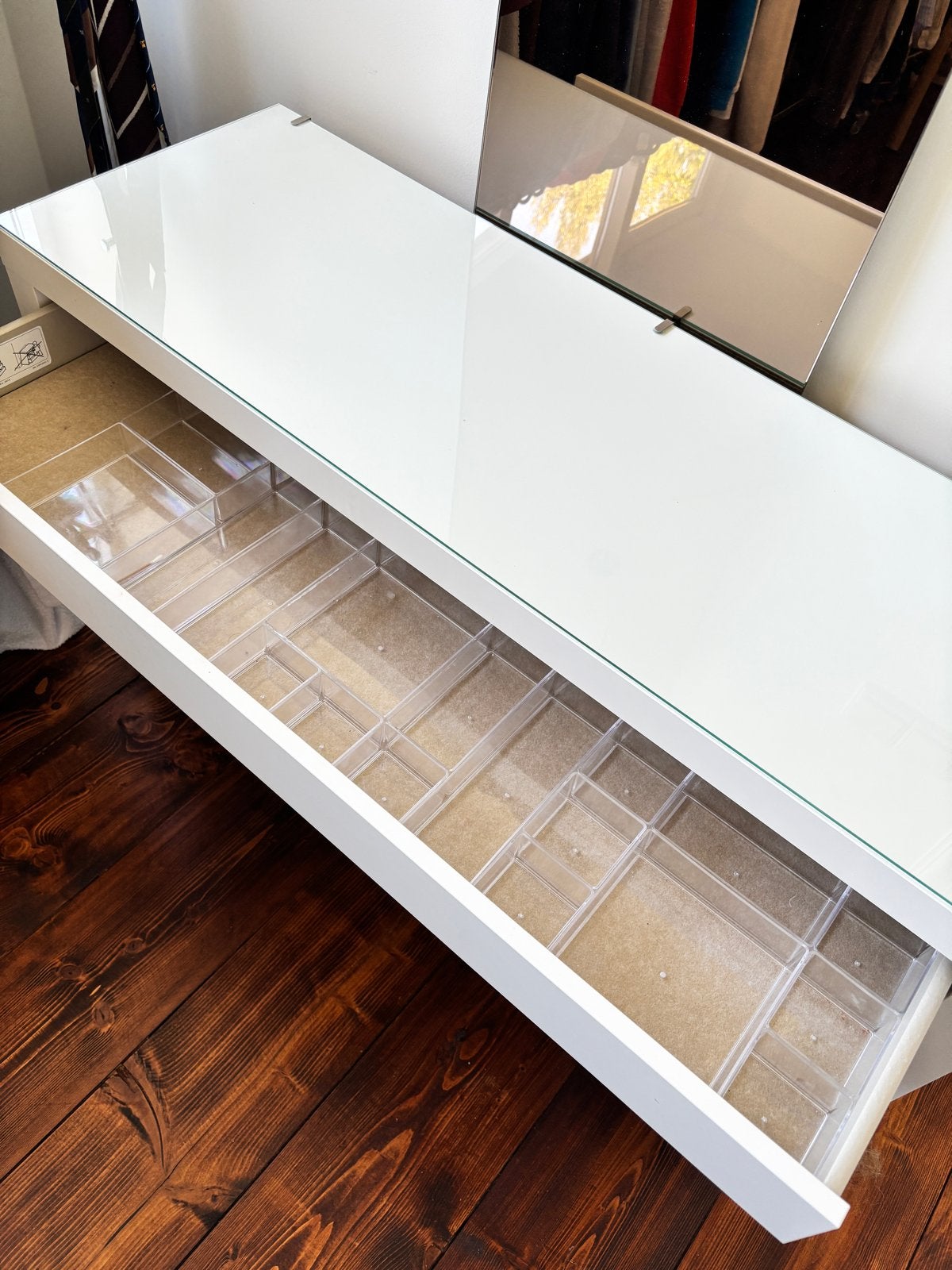 Witte kaptafel/bureau met glazen blad en lade, Ophalen, Gebruikt, 100 tot 150 cm, Minder dan 100 cm