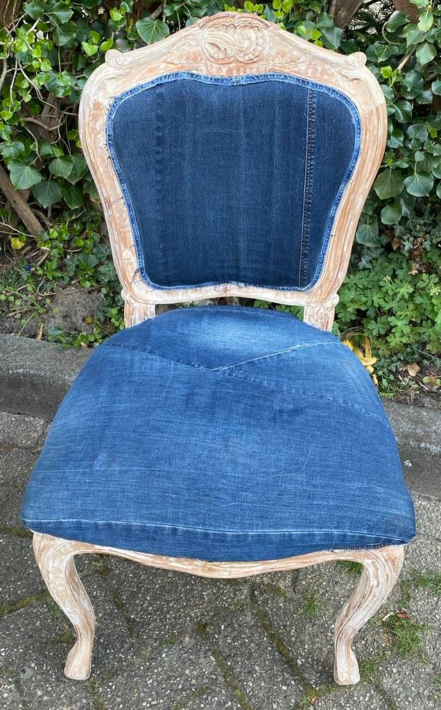 Leuke retro stoel , Ann Queen met spijkerbroeken stof, Antiek en Kunst, Ophalen of Verzenden