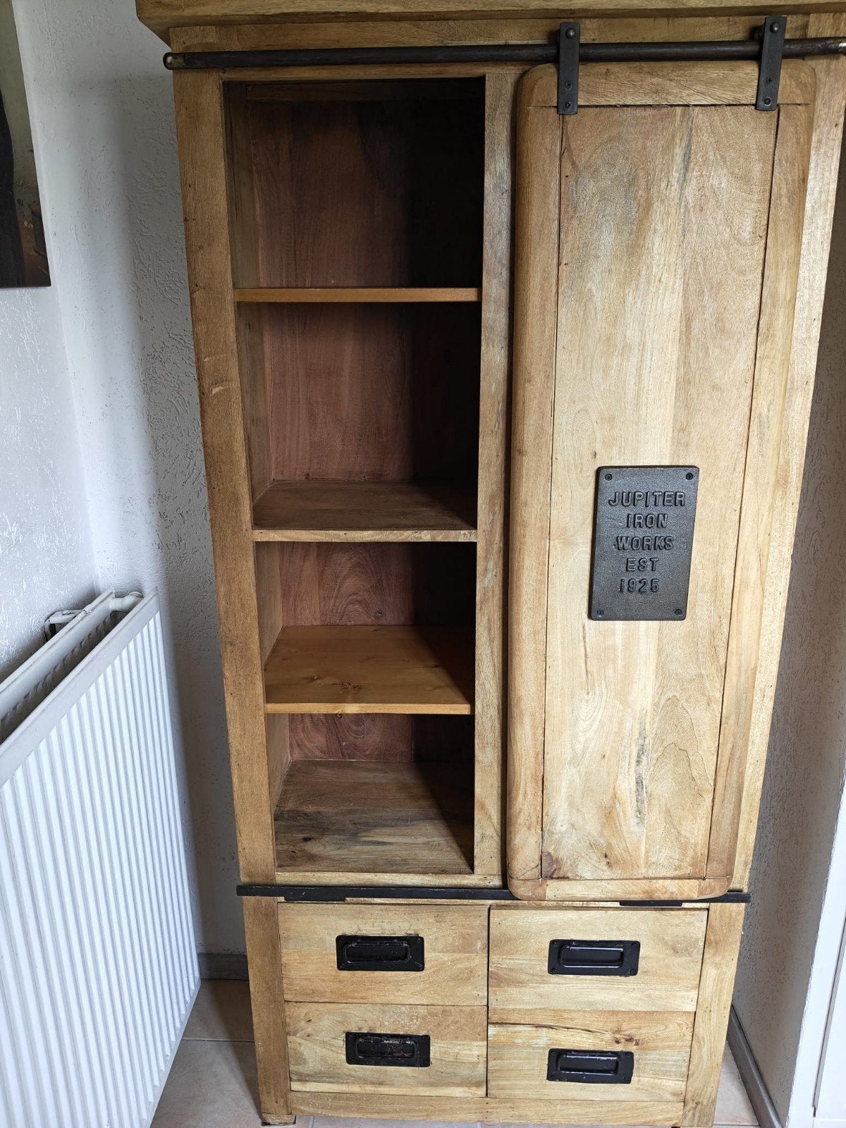 Massief mangohouten kabinet met schuifdeur en lades, Ophalen, Zo goed als nieuw