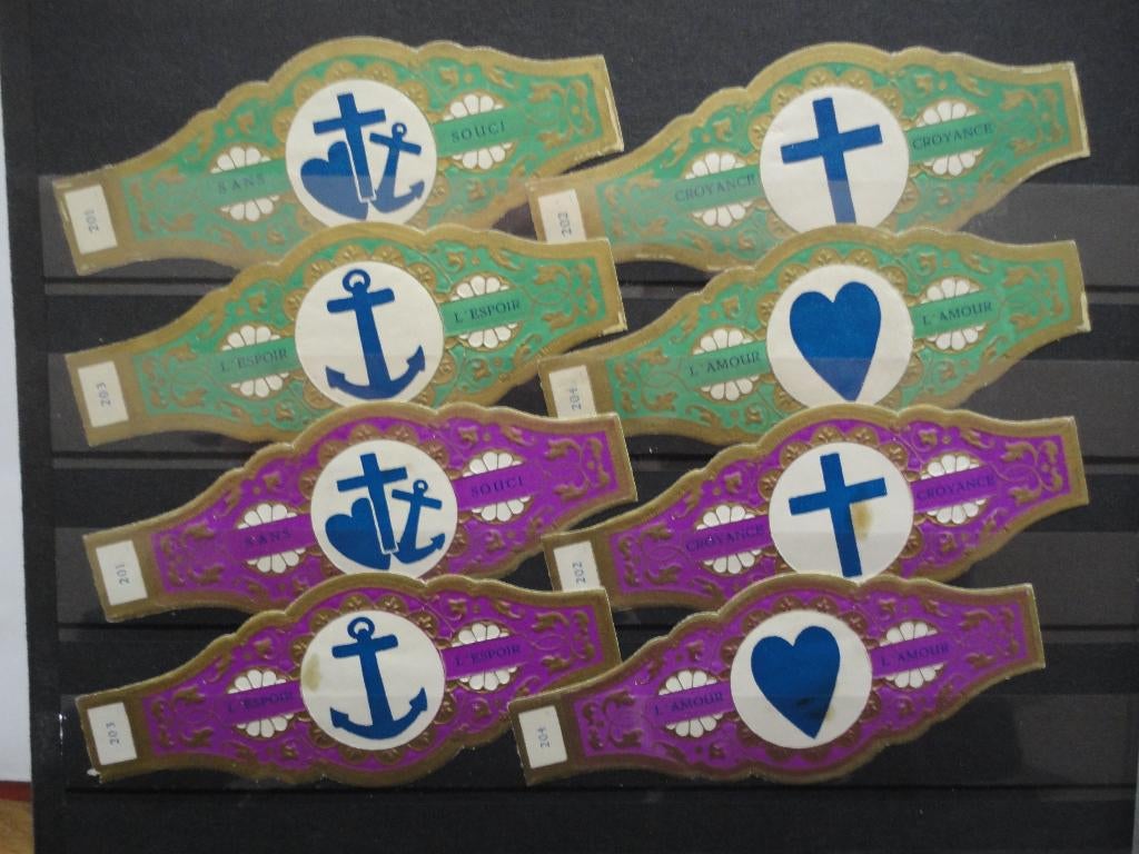 sigarenbandjes 63= 2x4st zinnebeelden  ,, 419 ,,, Ophalen of Verzenden, Gebruikt, Sigarenbandjes