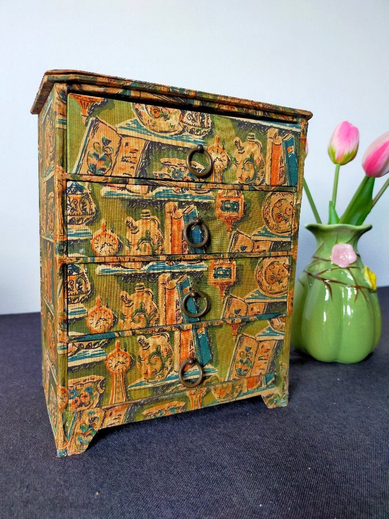 Brocante stoffen sieraden kastje met 4 laadjes, Ophalen of Verzenden