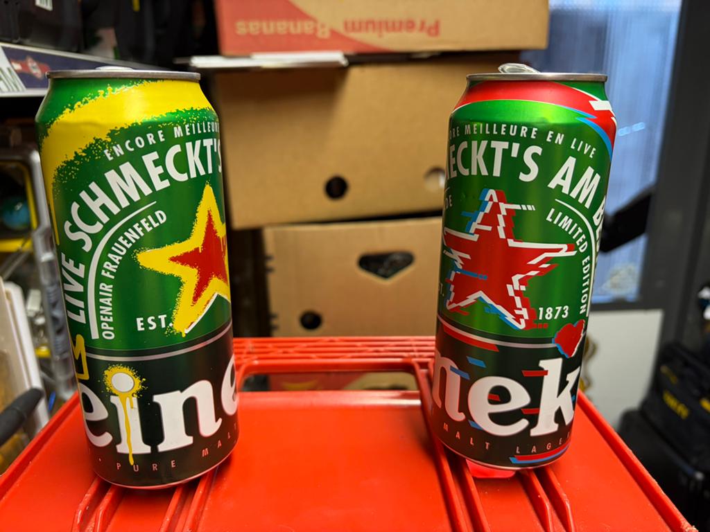 2 verschillende, lege Heineken halve liter blikken, Ophalen, Zo goed als nieuw, Flesje(s), Heineken