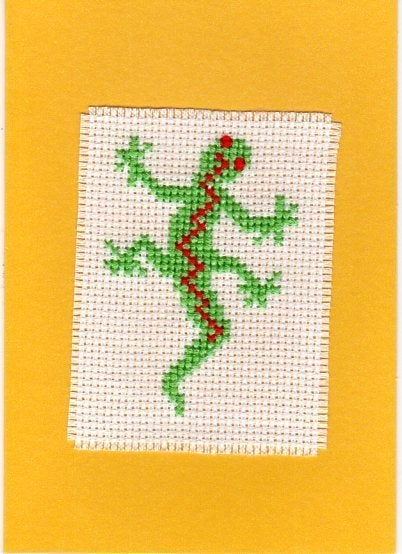 kaart met geborduurde gekko (1430), Hobby en Vrije tijd, Kaarten | Zelfgemaakt, Ophalen of Verzenden, Nieuw, Dieren