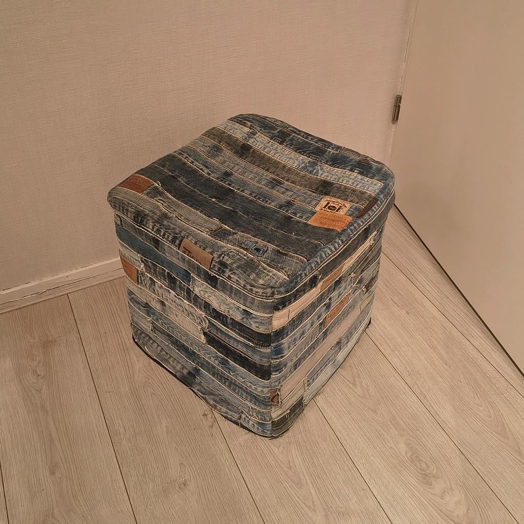 Denim poef, Ophalen, Zo goed als nieuw, Rond, Minder dan 50 cm