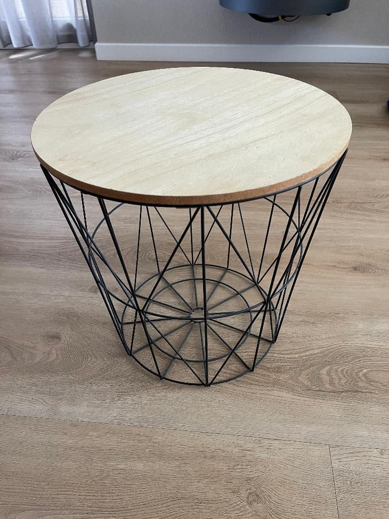 Opberg mand metaal met houten deksel, Mand, Rond, Ophalen of Verzenden, Zo goed als nieuw