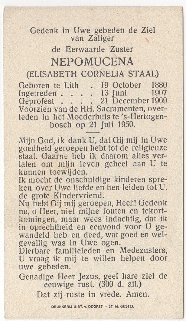 zr. Elisabeth Cornelia Staal 1880 Lith + 1950 Den Bosch, 69, Verzamelen, Ophalen of Verzenden