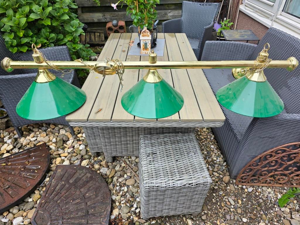 Werkende Biljartlamp met 3 Groene Kappen - Klassiek Design, Huis en Inrichting, Lampen | Hanglampen, Ophalen of Verzenden, S, X