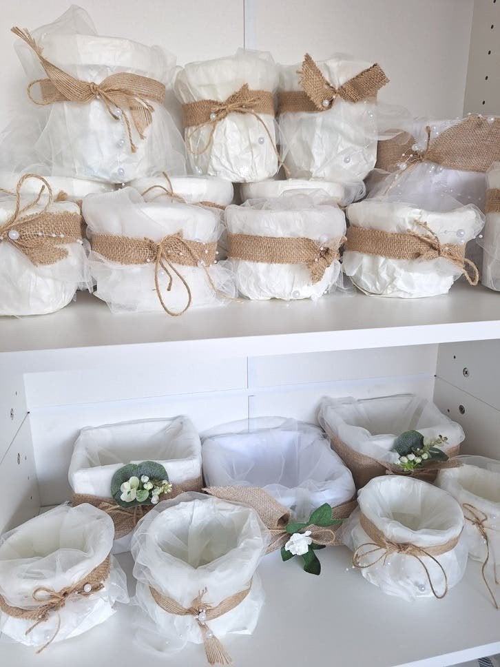 Opbergbakjes bruiloft/ huwelijk/ feest/bakjes/tule/wit/jute, Ophalen of Verzenden, Zo goed als nieuw, Versiering, Geboorte of Huwelijk