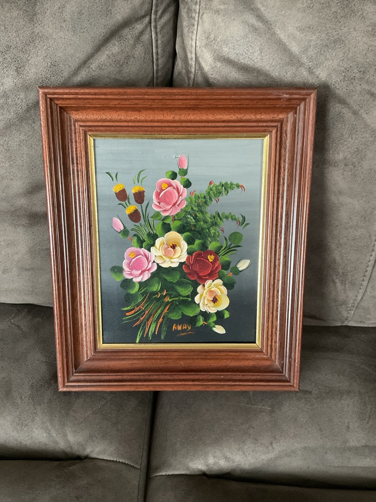 Schilderij met bloemen in houten lijst, Bloemen, Doek, Ophalen of Verzenden, Gesigneerd