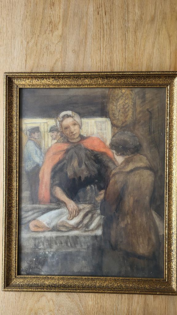 (Ko) Cossaar. Markttafereel met Scheveningse visverkoopster, Antiek en Kunst, Kunst | Schilderijen | Klassiek, Ophalen of Verzenden