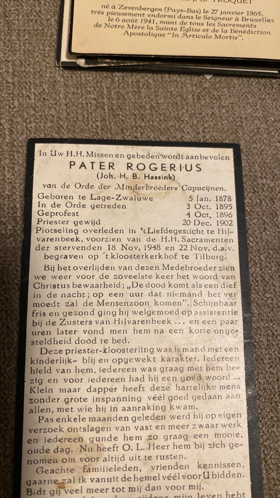 pater Hassink 1878 Lage Zwaluwe 1948 Hilvarenbeek Tilburg, Ophalen of Verzenden