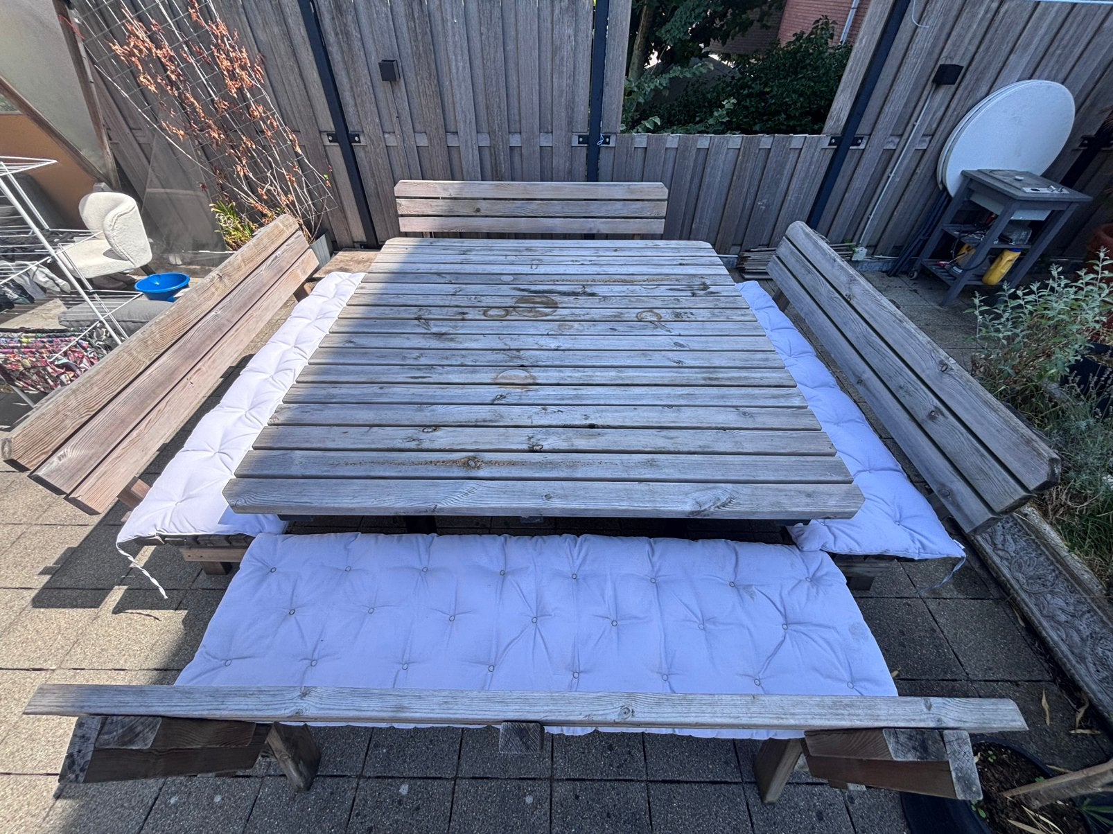 Grote robuuste houten tuintafel met 4 banken – 12 tot 16 p, Tuin en Terras, Picknicktafels, Ophalen, Gebruikt, Rechthoekig, Hout