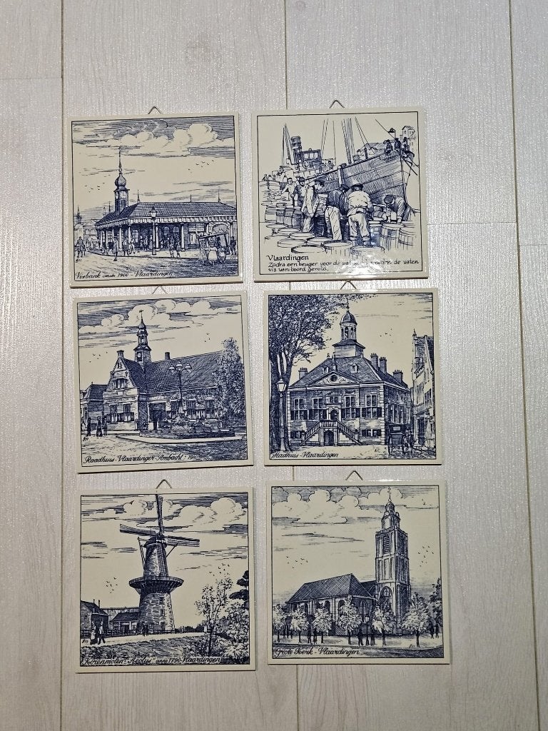 Delfts blauw 6 keramieke tegels afbeeldingen uit Vlaardingen, Ophalen, 15 cm, Zo goed als nieuw, 15 cm