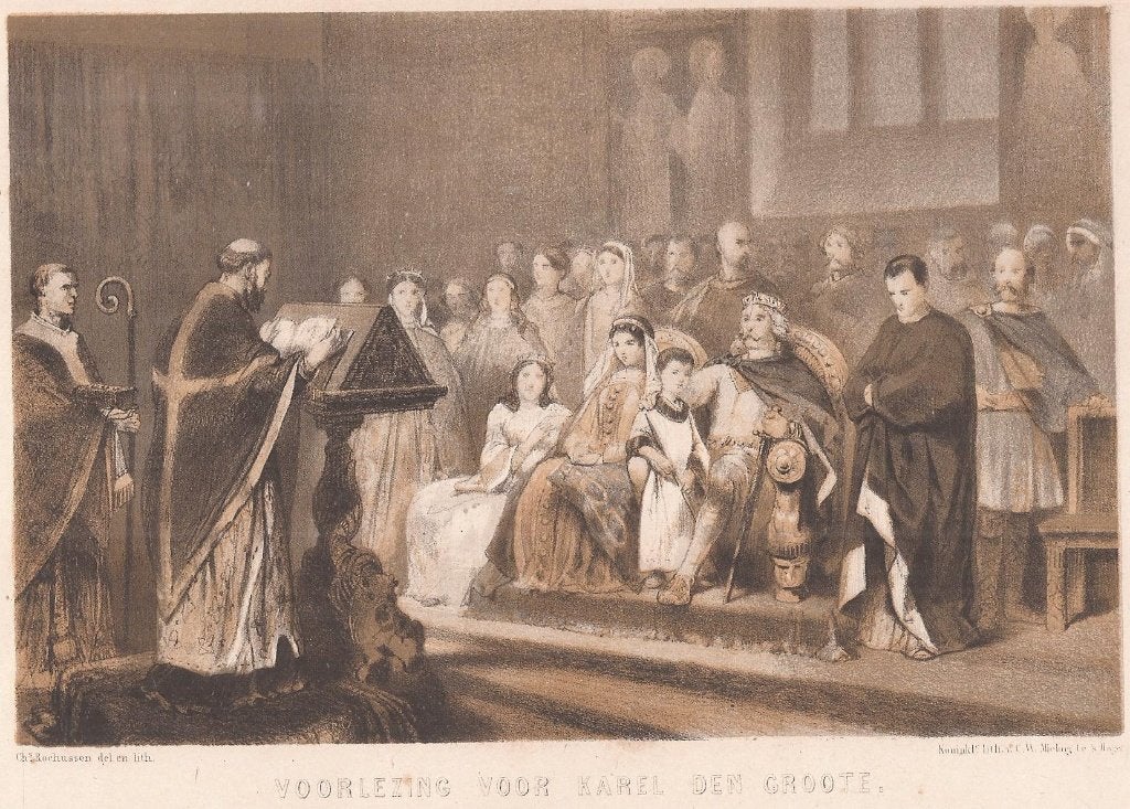 Voorlezing voor Karel den Groote Litho Charles Rochussen, Antiek en Kunst, 10 cm, Origineel, 1800 - 1899, Ophalen of Verzenden