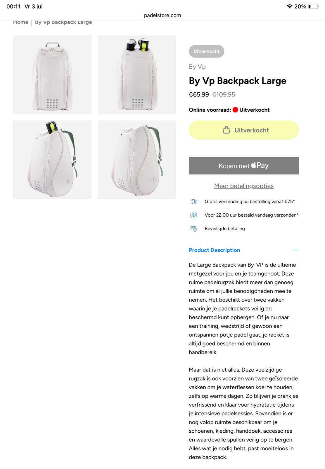 By VP Padelrugzak Large - Nieuw padel tas, Ophalen of Verzenden, Nieuw, Padeltas