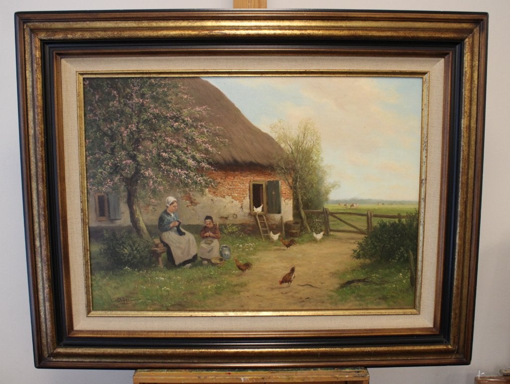 Olieverfschilderij: Hollands landschap met boerderij, Doek, Realistisch, Ophalen of Verzenden, Gesigneerd