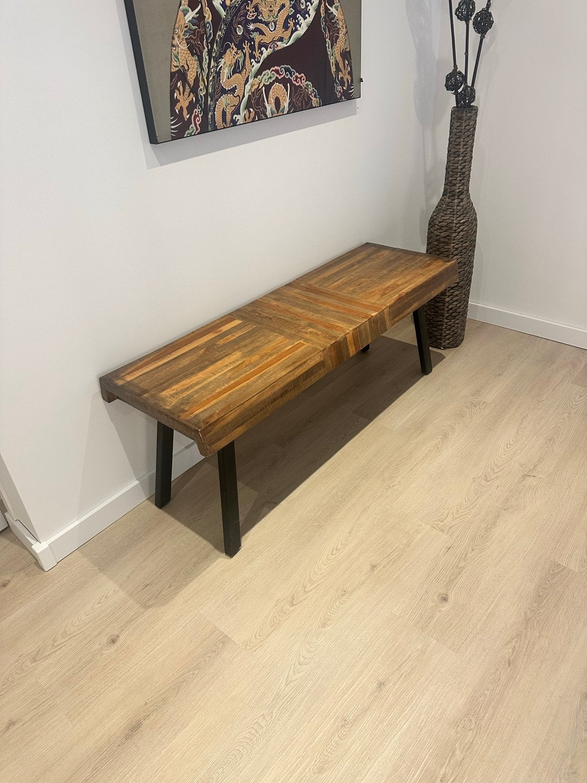 Houten bankje met metalen onderstel voor de gang, Ophalen of Verzenden, Gebruikt, Bruin, Hout
